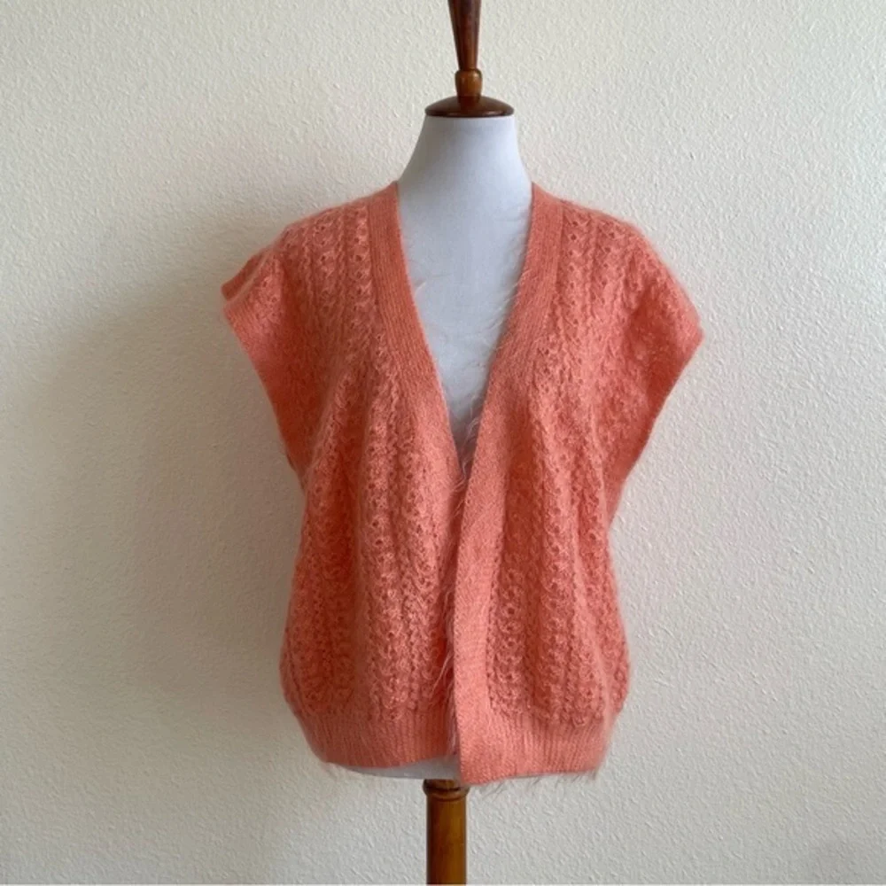 Womens Fuzzy Open Knit Sweater Best Cardigan M/ L Orange Sleeveless Open Front